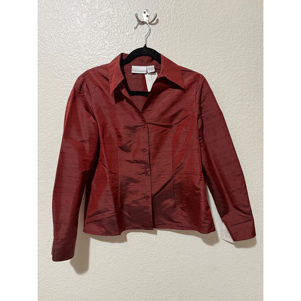 NWT Worthington Womens Petite Medium Raisin Red Natural Silk Shantung Blouse